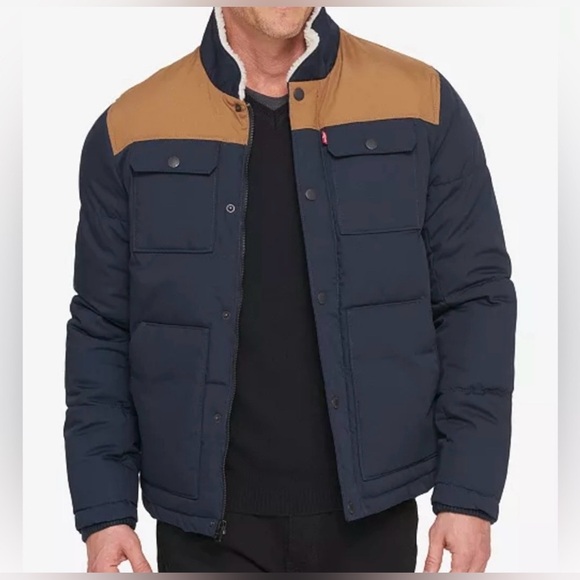 Levi's  Woodsman Men's Navy and Brown Puffer Jacket - Picture 16 of 16